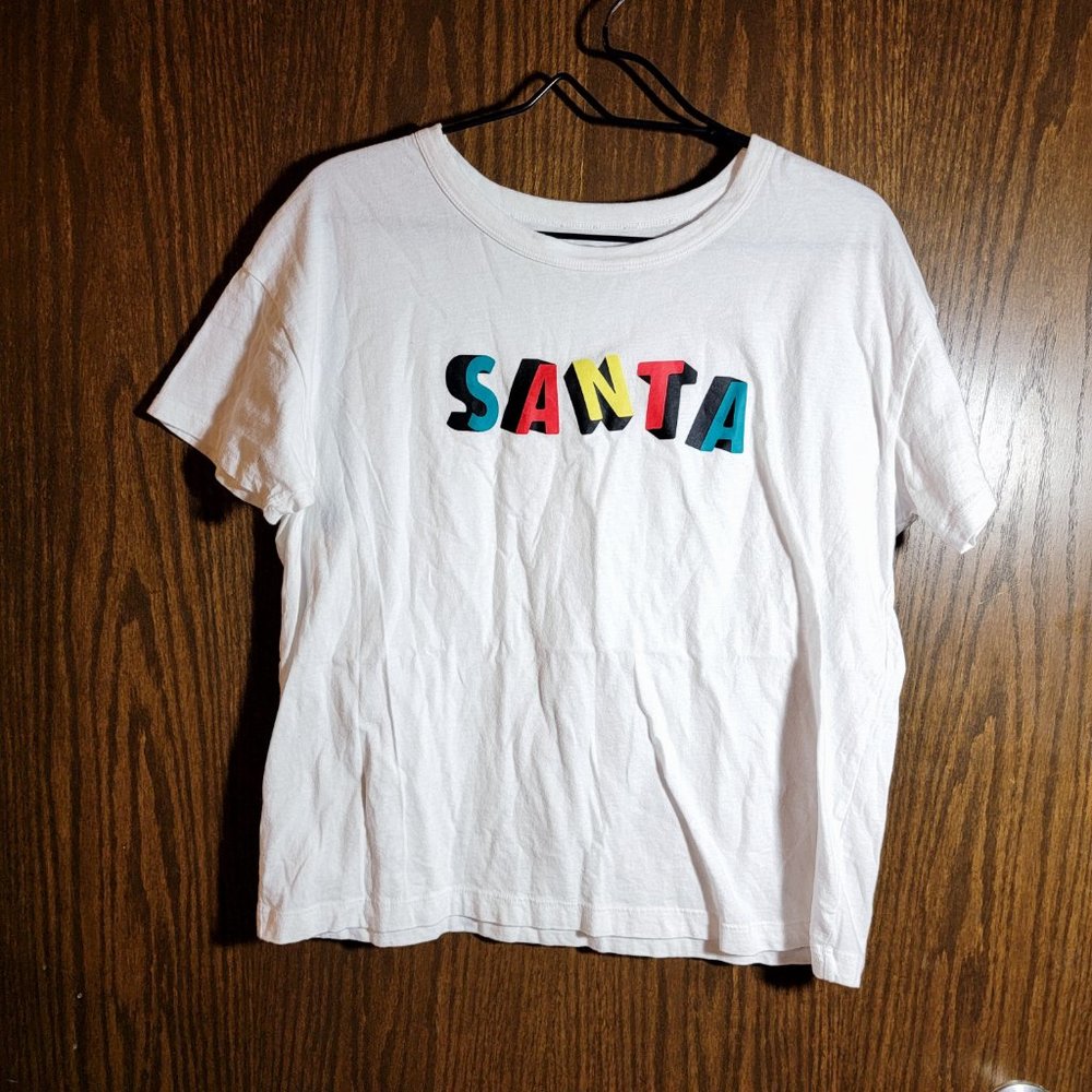 NWT White Old Navy Santa Tee Shirt ***SMALL PINHOLE BEHIND COLLAR***